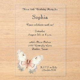 Invitaciones Acrílicas Blush Pink Cream Butterfly Birthday 