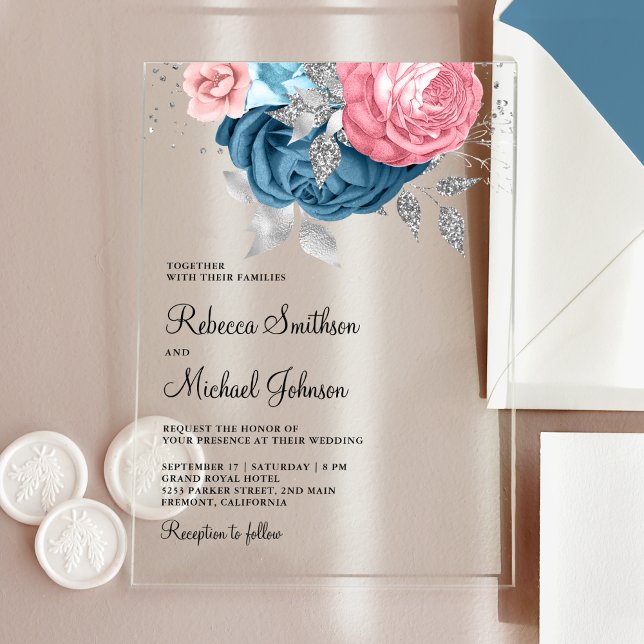 Invitaciones Acrílicas Blush Pink Dusty Blue Floral Wedding (Subido por el creador)