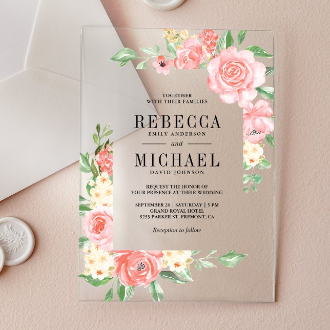 Invitaciones Acrílicas Blush Pink Floral Bloom Roses Wedding (Subido por el creador)