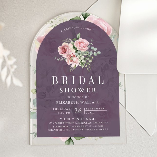 Invitaciones Acrílicas Blush Pink Floral Dusty Purple Bridal Shower (Subido por el creador)