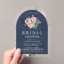 Invitaciones Acrílicas Blush Pink Floral Eucalyptus Navy Bridal Shower