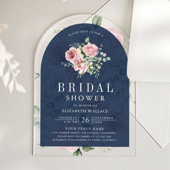 Invitaciones Acrílicas Blush Pink Floral Eucalyptus Navy Bridal Shower (Subido por el creador)