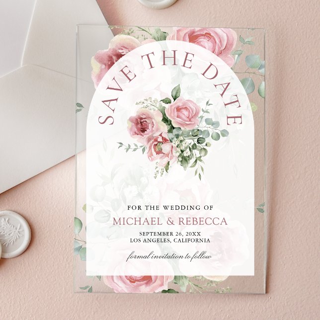 Invitaciones Acrílicas Blush Pink Floral Eucalyptus Wedding Save the Date (Subido por el creador)