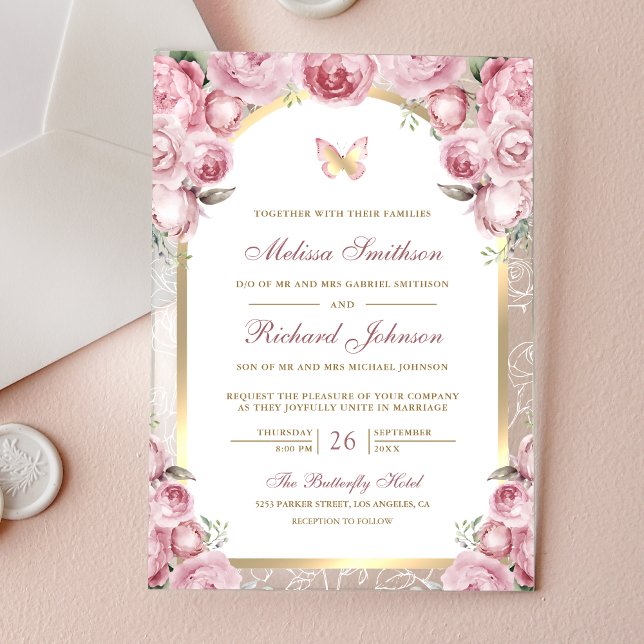 Invitaciones Acrílicas Blush Pink Floral Gold Arch Butterfly Wedding (Subido por el creador)