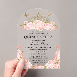 Invitaciones Acrílicas Blush Pink Floral Gold Tiara Quinceanera Arch