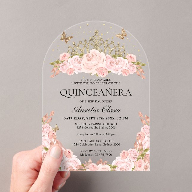 Invitaciones Acrílicas Blush Pink Floral Gold Tiara Quinceanera Arch (Insitu (portátil))