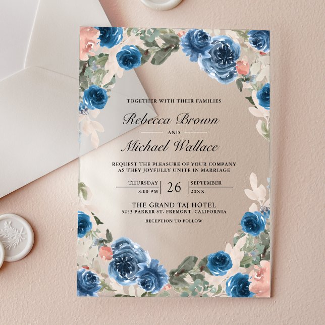 Invitaciones Acrílicas Blush Pink Navy Blue Floral Wedding (Subido por el creador)