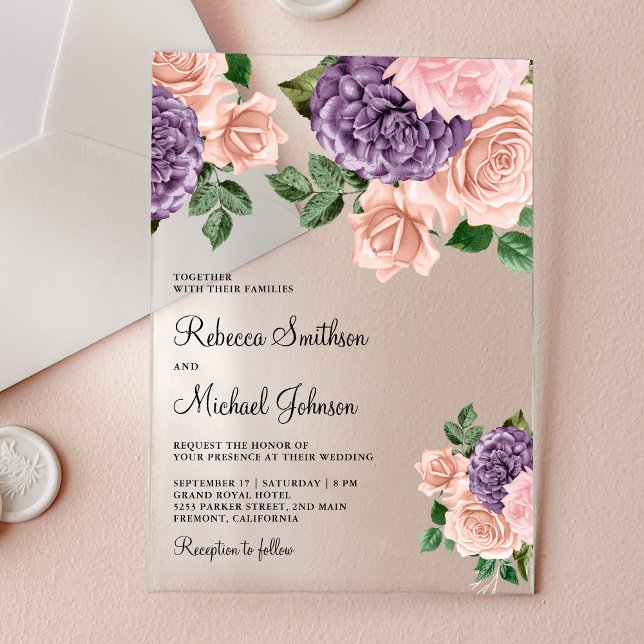 Invitaciones Acrílicas Blush Pink Purple Floral Wedding (Subido por el creador)