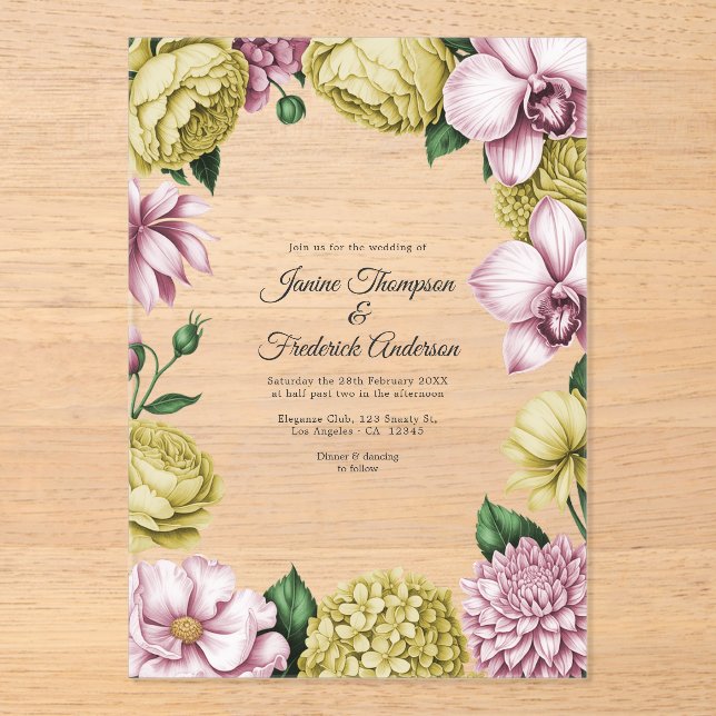 Invitaciones Acrílicas Blush Pink & Soft Gold Modern Botanical Wedding (Anverso)