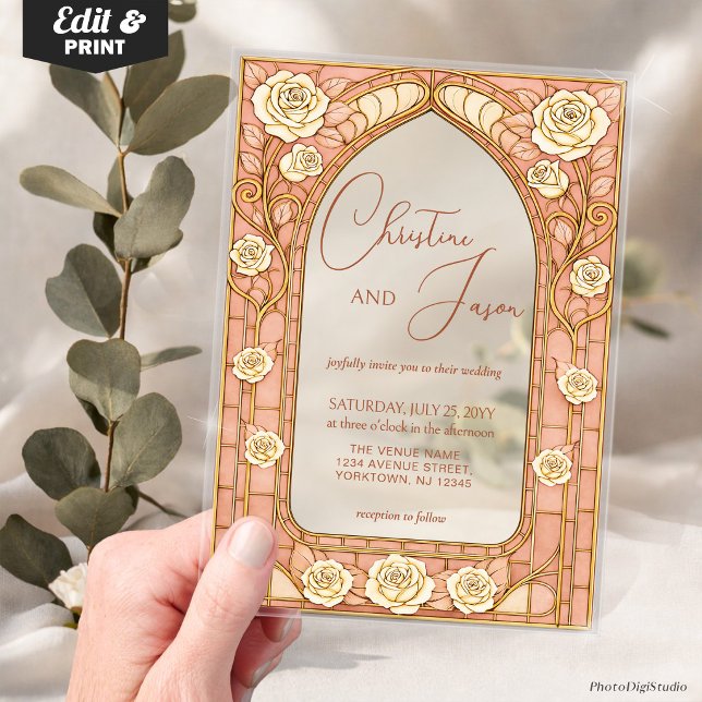Invitaciones Acrílicas Blush Pink Stained Glass Whimsical Floral Wedding  (Blush Pink Stained Glass Whimsical Floral Wedding Acrylic Invitations)