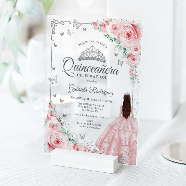 Invitaciones Acrílicas Blush Pink Watercolor Roses Silver Quinceanera (Subido por el creador)