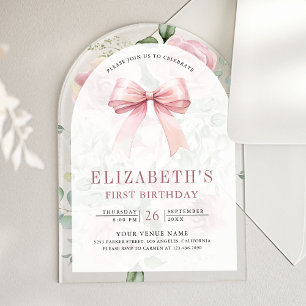 Invitaciones Acrílicas Blush Rosa Floral Coqueta Arco Primer Cumpleaños