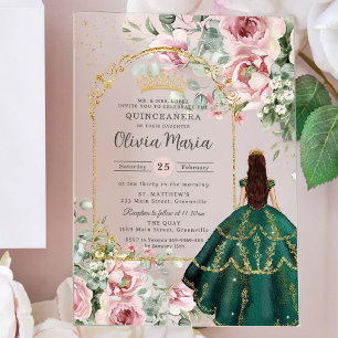 Invitaciones Acrílicas Blush Rosa Floral Esmeralda Quinceañera Cumpleaños