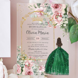 Invitaciones Acrílicas Blush Rosa Floral Esmeralda Quinceañera Dulces 16