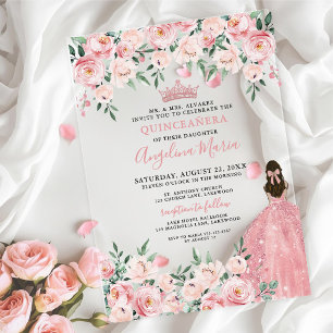 Invitaciones Acrílicas Blush Rosa Floral Quinceanera