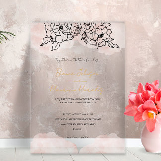Invitaciones Acrílicas Blush Watercolor & Black Floral Wedding