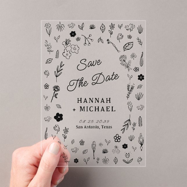Invitaciones Acrílicas Boceto de flores dibujadas a mano para boda (Insitu (portátil))