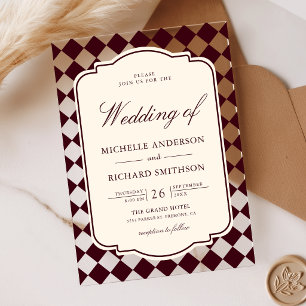 Invitaciones Acrílicas Boda a cuadros marfil burgundy de dinero viejo vin