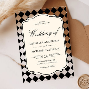 Invitaciones Acrílicas Boda a cuadros marfil negro de dinero antiguo vint