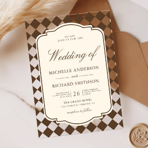 Invitaciones Acrílicas Boda a cuadros marrones marfil de dinero viejo vin
