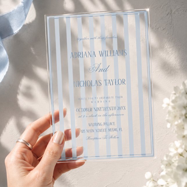 Invitaciones Acrílicas Boda a rayas azul polvoriento (Subido por el creador)