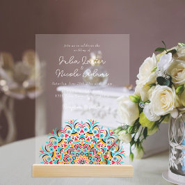 Invitaciones Acrílicas Boda abstracta mandala azul turquesa rosa