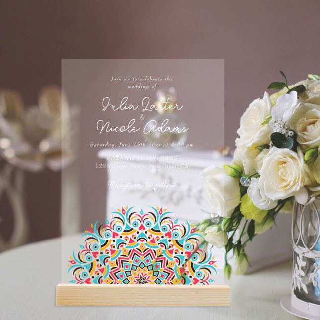 Invitaciones Acrílicas Boda abstracta mandala azul turquesa rosa (Subido por el creador)