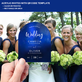 Invitaciones Acrílicas BODA ACRÍLICA Código QR RSVP Azul Ombre Profundo