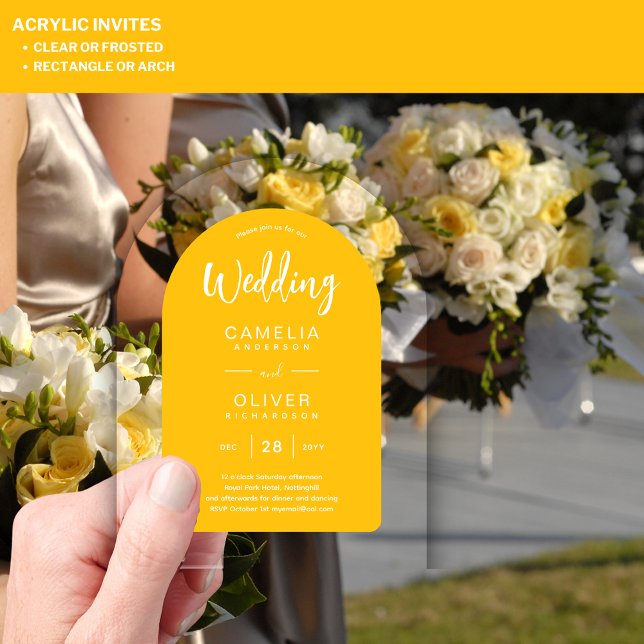 Invitaciones Acrílicas Boda acrílica de arco blanco amarillo invita a la  (Subido por el creador)