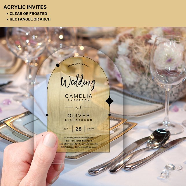 Invitaciones Acrílicas Boda acrílica de ORO invita al texto negro moderno (Subido por el creador)