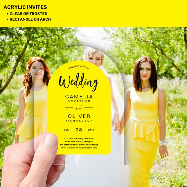 Invitaciones Acrílicas Boda acrílica en arco negro amarillo invita a la m (Subido por el creador)