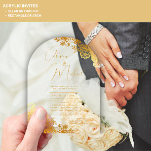 Invitaciones Acrílicas Boda ACRÍLICA Invita a encaje de texto de oro eleg