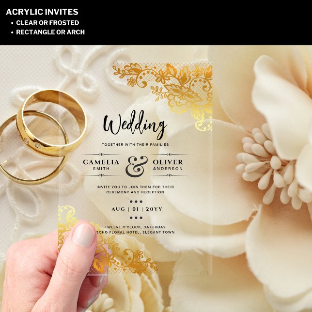 Invitaciones Acrílicas Boda ACRÍLICA Invita a un elegante encaje de oro (Subido por el creador)