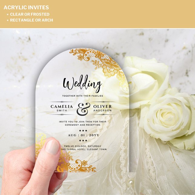 Invitaciones Acrílicas Boda ACRÍLICA Invita a un elegante encaje de oro (Subido por el creador)