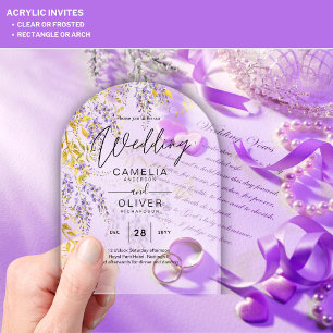 Invitaciones Acrílicas Boda ACRÍLICA Invita a Wisteria Floral Púrpura