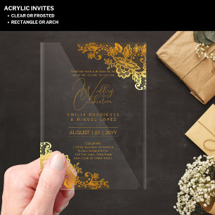 Invitaciones Acrílicas Boda ACRÍLICA Invita Texto Elegante de encaje dora