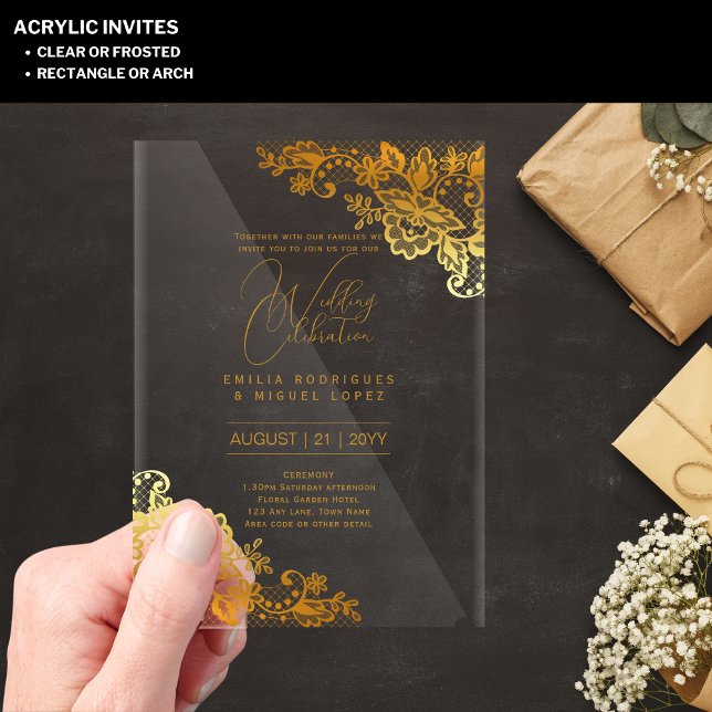 Invitaciones Acrílicas Boda ACRÍLICA Invita Texto Elegante de encaje dora (Subido por el creador)
