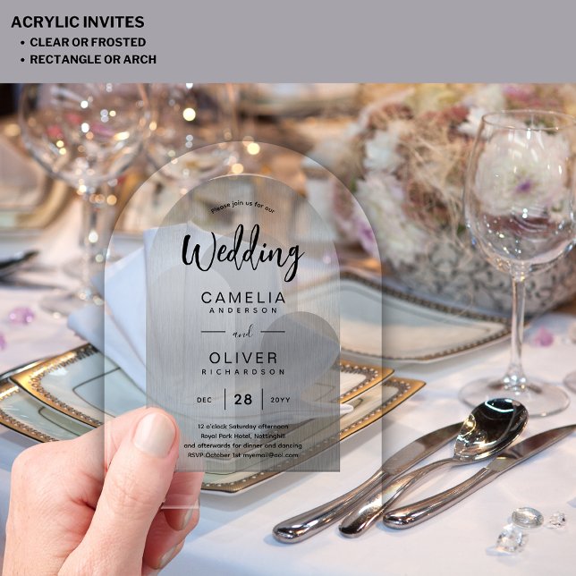 Invitaciones Acrílicas Boda acrílica plateada invita al texto negro moder (Subido por el creador)
