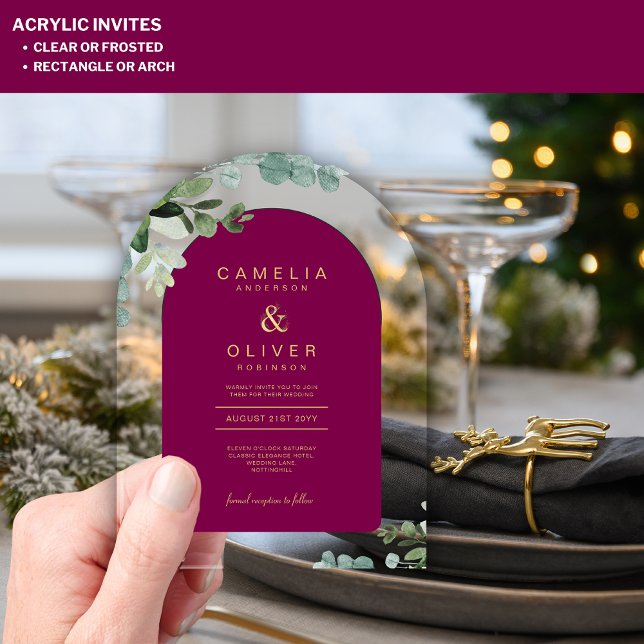 Invitaciones Acrílicas Boda acrílico de Zazzle Magenta deja oro texto (Subido por el creador)