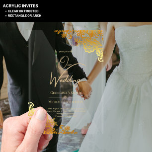 Invitaciones Acrílicas BODA ACRÍLICO Lace dorado Texto elegante transpare