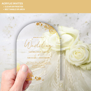 Invitaciones Acrílicas BODA ACRÍLICO Lace dorado Texto elegante transpare