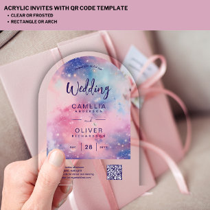 Invitaciones Acrílicas BODA ACRÍLICO Starry Night Pink Blue QRCode RSVP