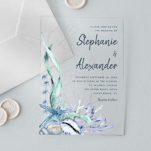 Invitaciones Acrílicas Boda Acuarela de Agua Azul de Playa Moderna