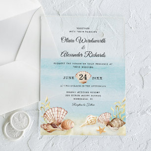 Invitaciones Acrílicas Boda Acuarela Tropical de Playa y Océano
