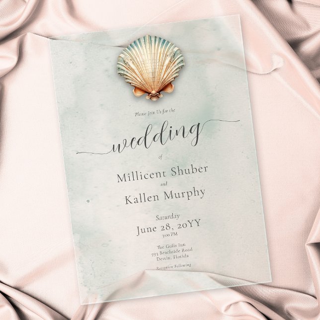 Invitaciones Acrílicas Boda Acuática Moderna de Conchas Marinas Costeras (Modern Coastal Seashell Aqua Wedding Acrylic Invitations)