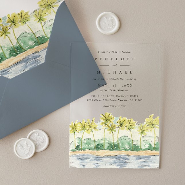 Invitaciones Acrílicas Boda acuático tropical de palmeras de playa (Beach Palm Trees Tropical Watercolor Wedding Acrylic Invitations)