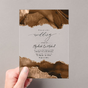 Invitaciones Acrílicas Boda Agata Marrón Neutral Terroso Brillo Falso