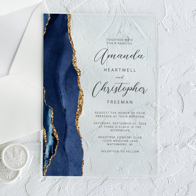 Invitaciones Acrílicas Boda Agate Azul Marino Oro Script (Subido por el creador)