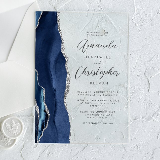Invitaciones Acrílicas Boda Agate Azul Marino Plata Script (Subido por el creador)