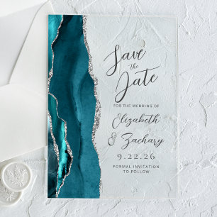 Invitaciones Acrílicas Boda Agate Verde Teal Plata Escritura Guarde la Fe